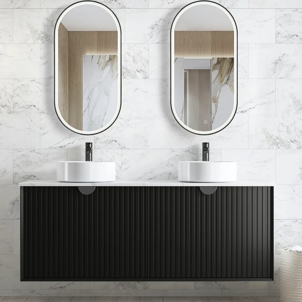 Otti Marlo Wall Hung Vanity 1500mm Matte Black w/ Cloudy Carrara Top MA1500BSTUD-CA