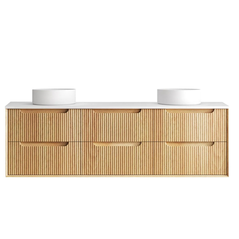 Otti Byron Wall Hung Vanity Fluted 1800mm Woodland Oak w/ Pure White Top BYW1800LSTUD-PW