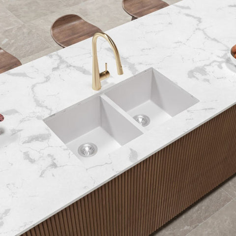 Amelie Deauville Kitchen Sink Quartz Double Bowl (Topmount/Undermount) 813x457x249mm (No Overflow) White BDOFORSB813WH