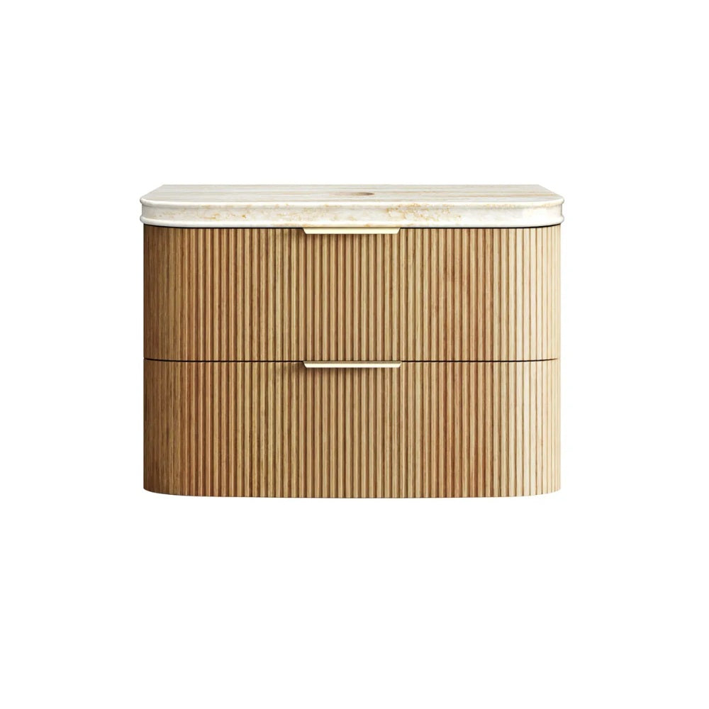 Otti Hanava Curve Fluted Wall Hung Vanity 900mm Woodland Oak / English Edge 50mm Sand Dune Top HAW900LST-SD