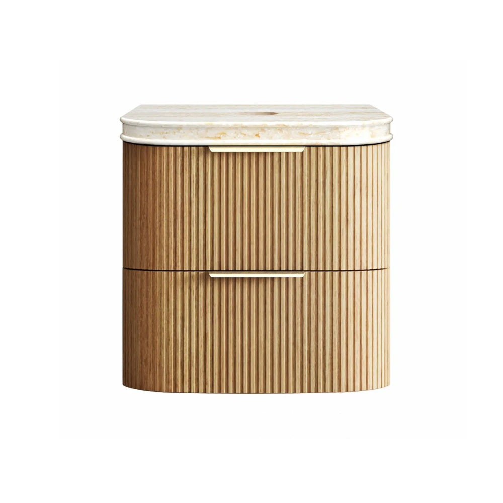 Otti Hanava Curve Fluted Wall Hung Vanity 600mm Woodland Oak / English Edge 50mm Sand Dune Top HAW600LST-SD
