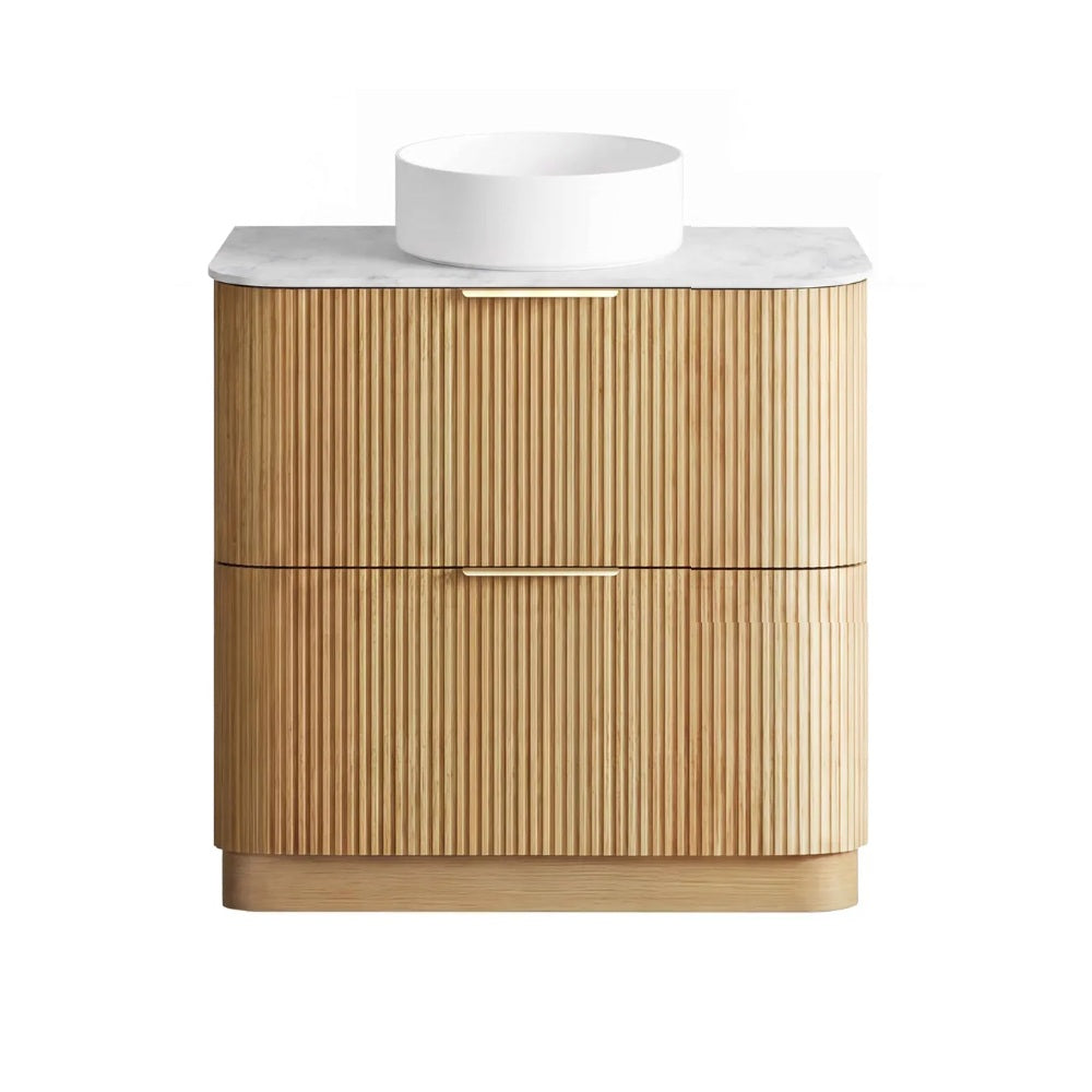 Otti Havana Fluted Freestanding Curve Vanity 900mm Woodland Oak / Cloudy Carrara Top HAFW900LST-CA