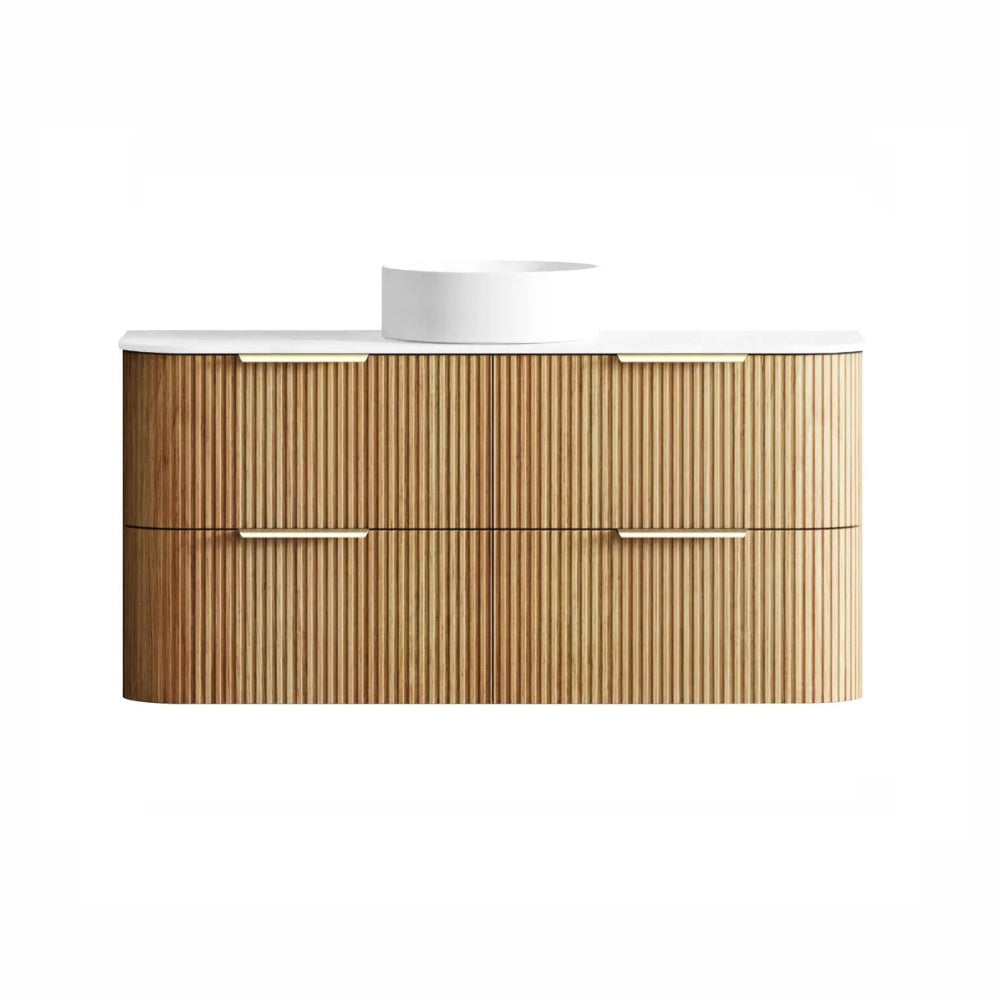 Otti Havana Fluted Wall Hung Curve Vanity 1200mm Woodland Oak / Pure White Top HAW1200LST-PW
