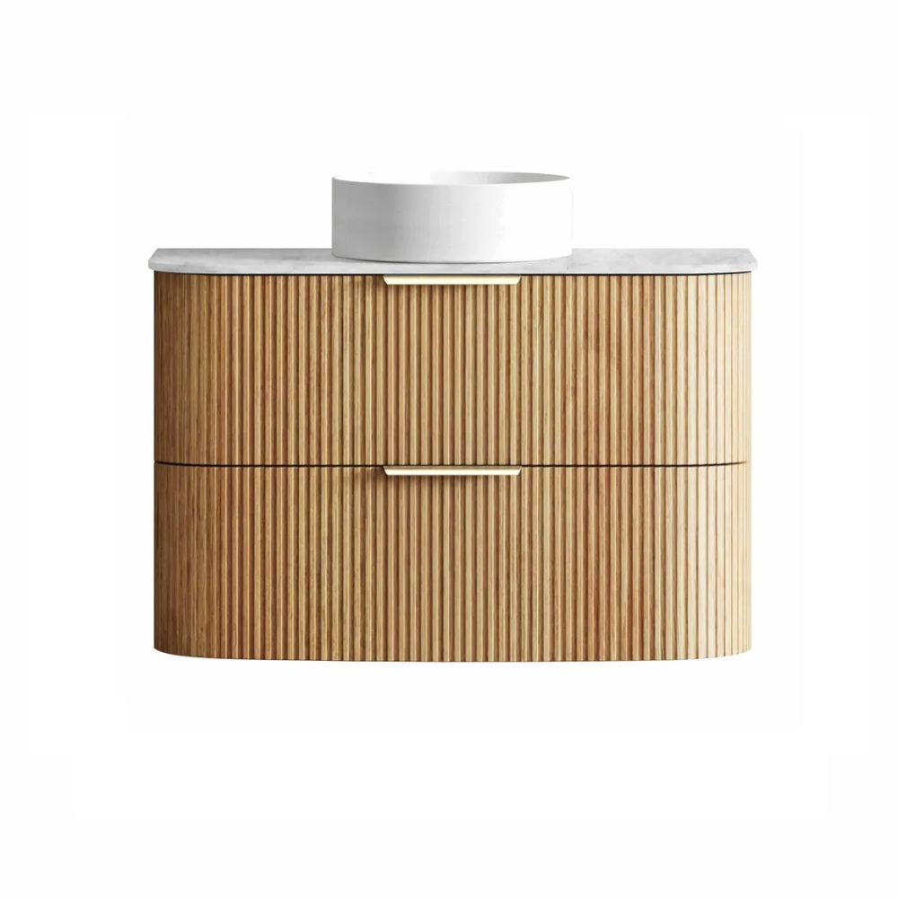 Otti Havana Fluted Wall Hung Curve Vanity 900mm Woodland Oak / Cloudy Carrara Top HAW900LST-CA