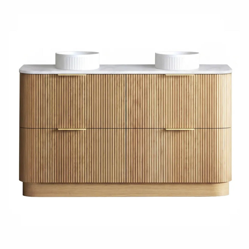 Otti Havana Fluted Freestanding Curve Vanity 1500mm Woodland Oak / Cloudy Carrara Top HAFW1500LST-CA