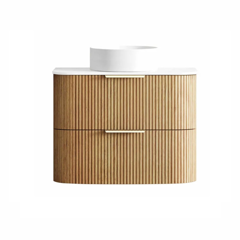 Otti Havana Fluted Wall Hung Curve Vanity 750mm Woodland Oak / Pure White Top HAW750LST-PW