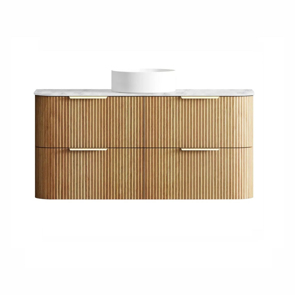 Otti Havana Fluted Wall Hung Curve Vanity 1200mm Woodland Oak / Cloudy Carrara Top HAW1200LST-CA