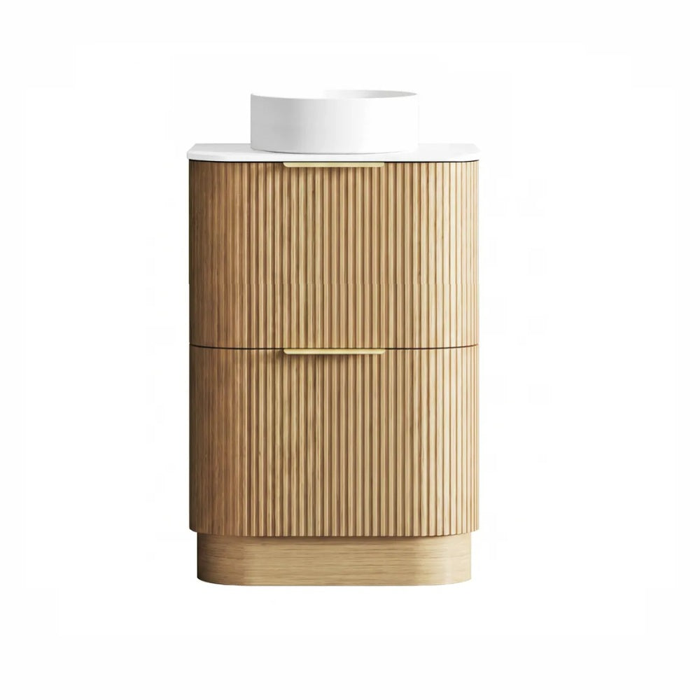 Otti Havana Fluted Freestanding Curve Vanity 600mm Woodland Oak / Pure White Top HAFW600LST-PW