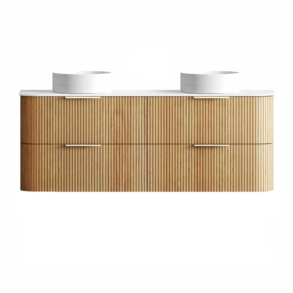 Otti Havana Fluted Wall Hung Curve Vanity 1500mm Woodland Oak / Pure White Top HAW1500LST-PW