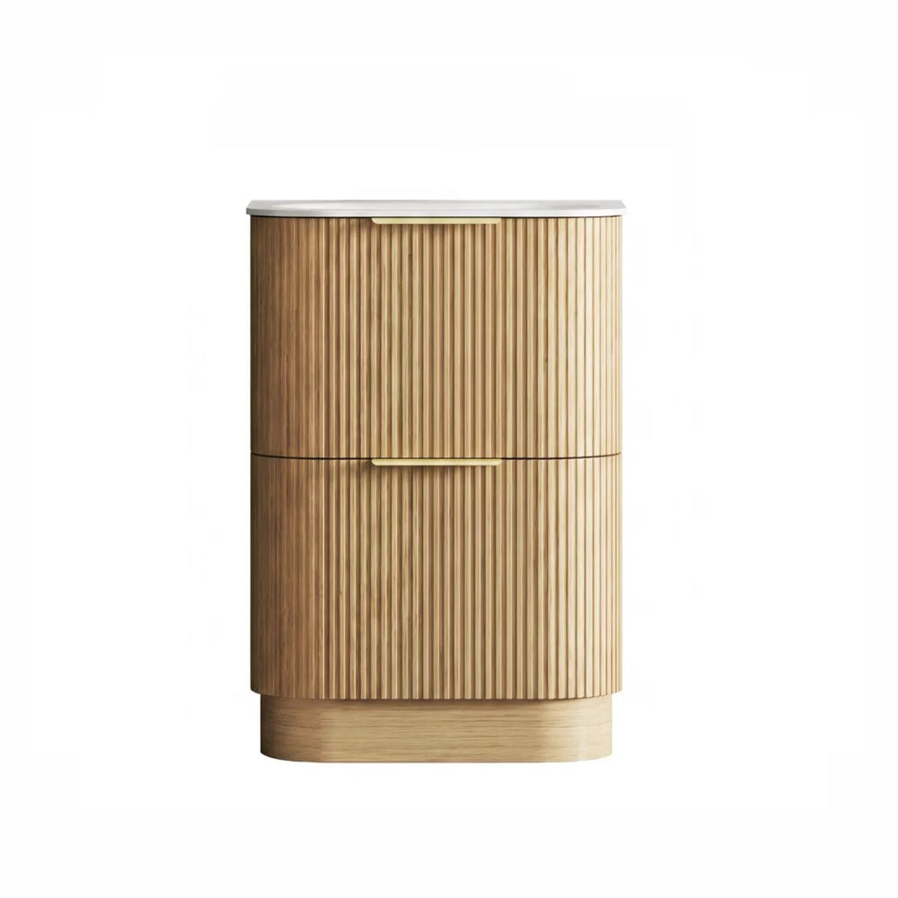 Otti Havana Fluted Freestanding Curve Vanity 600mm Woodland Oak / Chloe Silk Top HAFW600LMT-CS