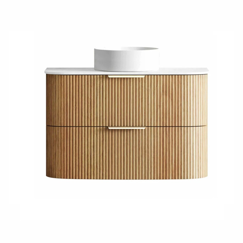 Otti Havana Fluted Wall Hung Curve Vanity 900mm Woodland Oak / Pure White Top HAW900LST-PW