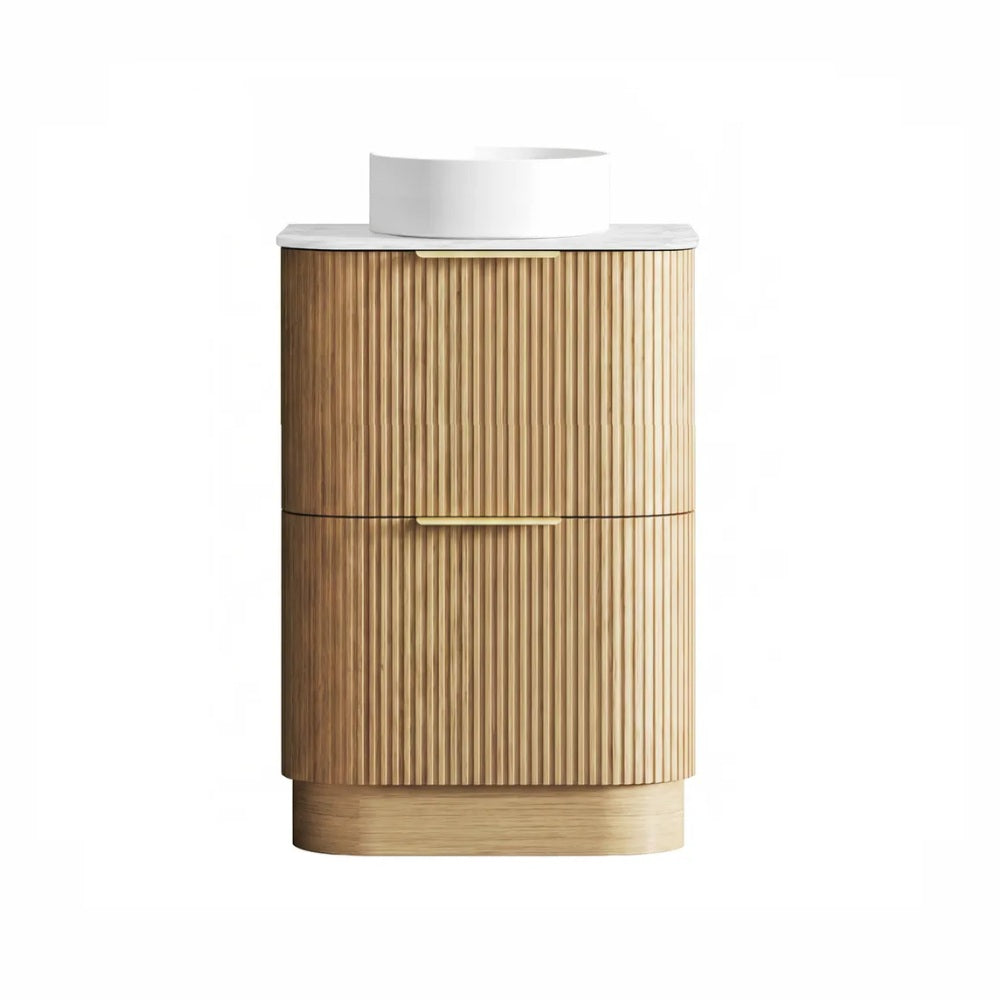 Otti Havana Fluted Freestanding Curve Vanity 600mm Woodland Oak / Cloudy Carrara Top HAFW600LST-CA