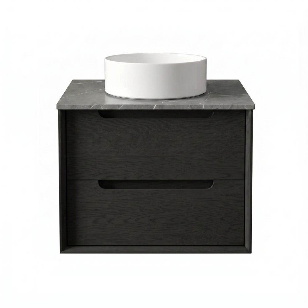 Otti Byron Wall Hung Vanity 600mm (No Taphole) Black Oak / Amani Grey Top BY600BST-G-NTH