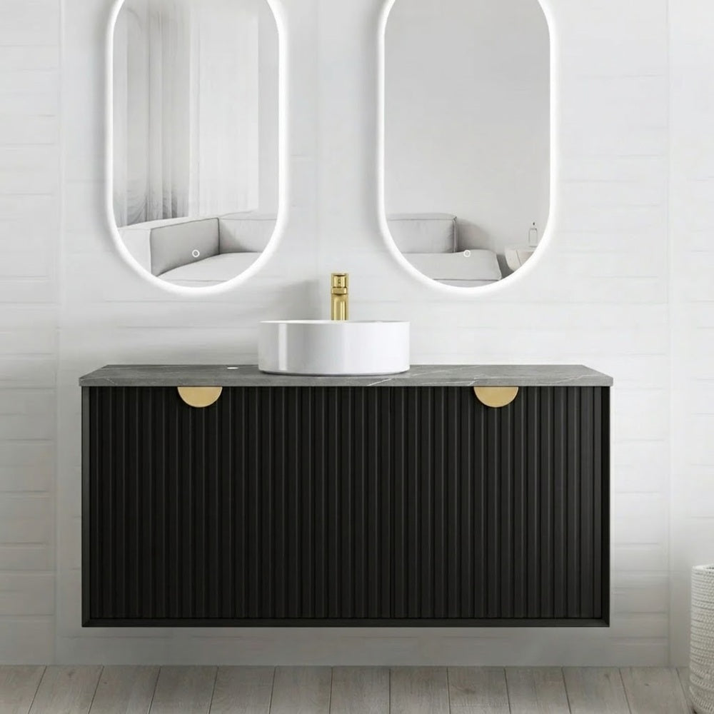 Otti Marlo Wall Hung Vanity 1200mm (12 O'Clock Taphole) Matte Black / Amani Grey Top MA1200BST-G-12TH