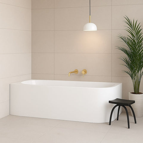 Amelie Deauville Corner Freestanding Bath 1500mm (Left Hand Corner) With Overflow Gloss White BDOKIN1500CBLEFT-OF