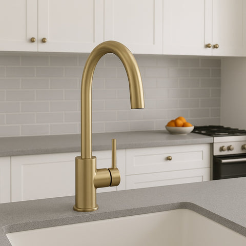 Amelie Essentiel Gooseneck Sink Mixer Round Pin Brushed Brass BDO18106BG