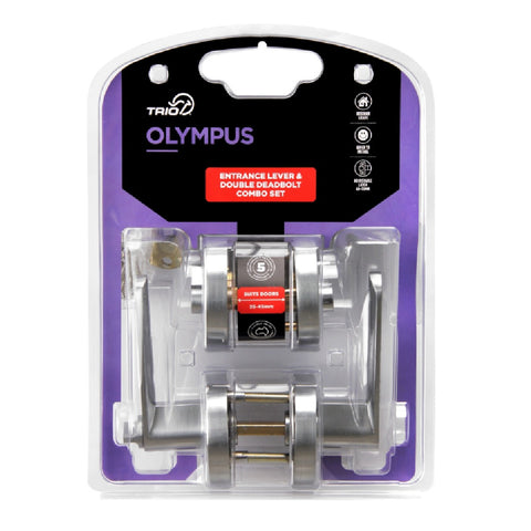 Trio Entrance Olympus Lever & Double Deadbolt Combo Satin Chrome WWL/WB65SCC