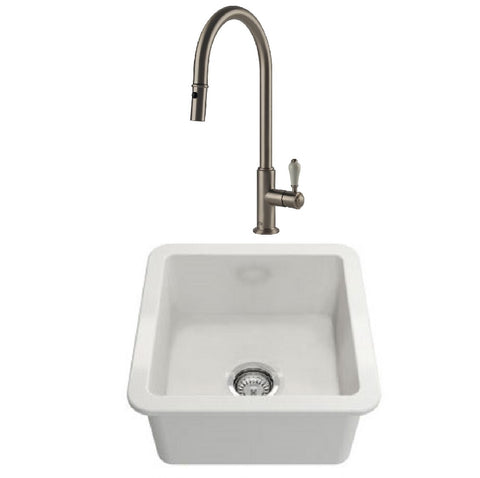 Turner Hastings Package 47 Cuisine Sink 460mm (Incl. Stainless Steel Grid & Brushed Nickel Ludlow Pull Out Mixer and Basket Waste) Gloss White PKG047