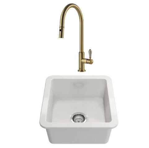 Turner Hastings Package 43 Cuisine Sink 460mm (Incl. Brushed Brass Grid, Ludlow Pull Out Mixer and Basket Waste) Gloss White PKG043