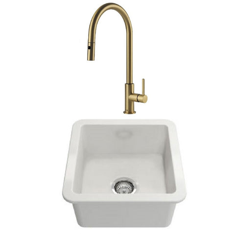 Turner Hastings Package 45 Cuisine Sink 460mm (Incl. Brushed Brass Grid, Naples Pull Out Mixer and Basket Waste) Gloss White PKG045