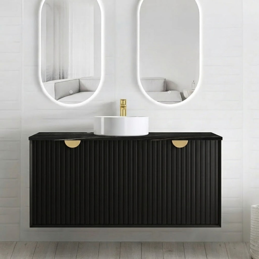Otti Marlo Wall Hung Vanity 1200mm (2 O'Clock Taphole) Matte Black / Empire Black Top MA1200BST-EB-2TH