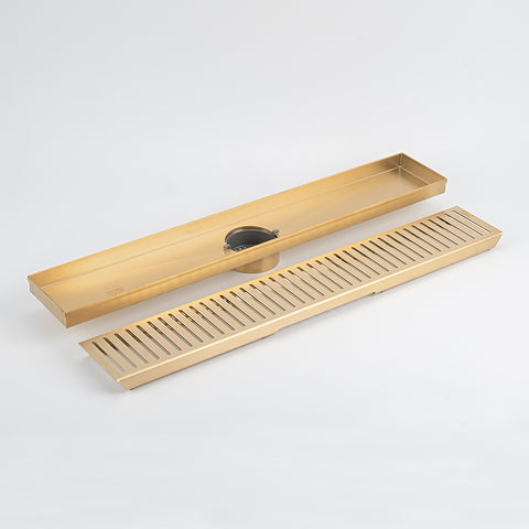 Radiant Slotted Linear Shower Grate 600 mm Length + 74mm Outlet Brushed Gold 316-GLD-SGL-600-74