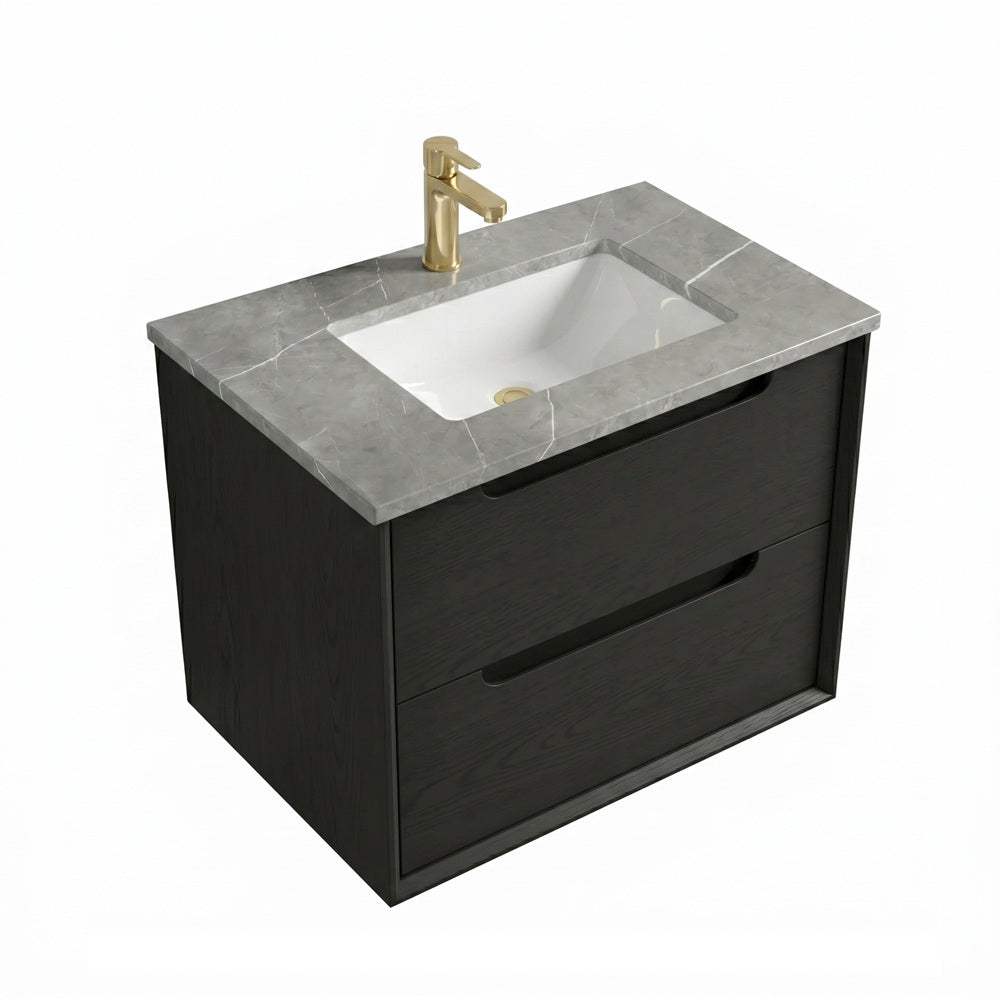 Otti Byron Wall Hung Vanity 600mm w/ Undermount Basin Black Oak / Amani Grey Top BY600BST-G-UB