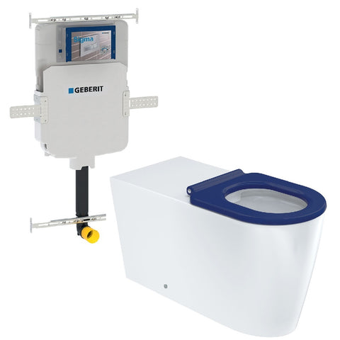 Fienza Isabella Care Wall Faced Toilet Suite (P Trap) & Geberit Sigma Cistern (No Button) Gloss White Blue Seat K016-GE