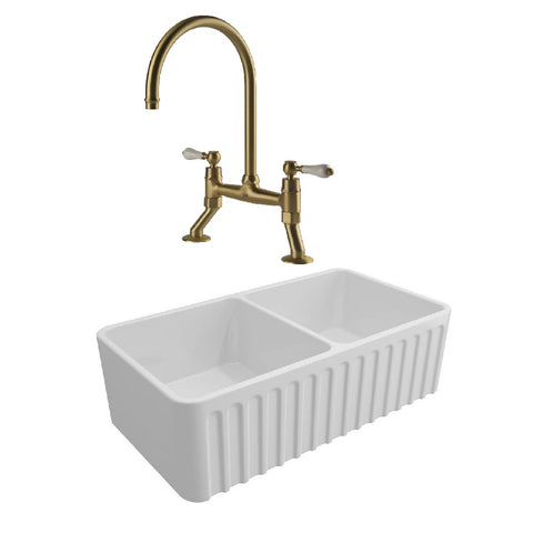 Turner Hastings Package 14 Novi Sink 850mm (Incl. Brushed Brass Grid, Ludlow Bridge Tap and Basket Waste) Gloss White PKG014