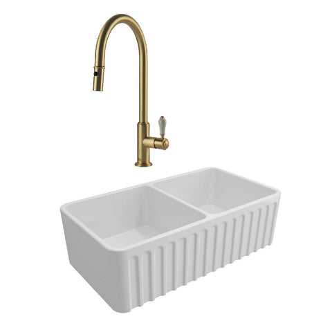 Turner Hastings Package 13 Novi Sink 850mm (Incl. Brushed Brass Grid, Ludlow Pull Out Mixer and Basket Waste) Gloss White PKG013