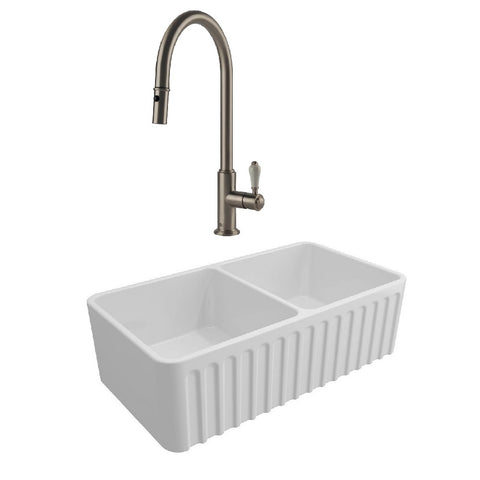 Turner Hastings Package 17 Novi Sink 850mm (Incl. Stainless Steel Grid & Brushed Nickel Ludlow Pull Out Mixer and Basket Waste) Gloss White PKG017