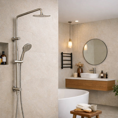 Amelie Essentiel Twin Shower Rail Set w/ 200mm Thin Round Head Brushed Nickel BDO18201BN