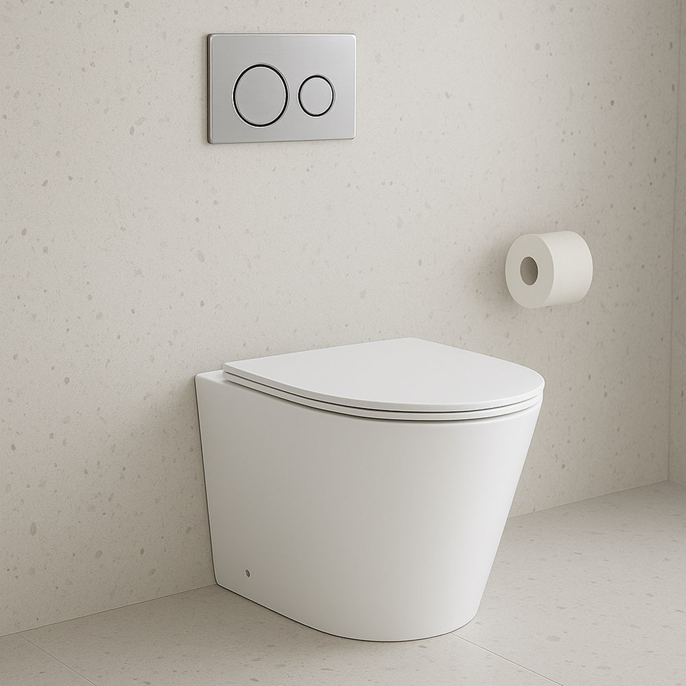 Amelie Deauville Wall Faced Toilet Package (Wall Face Pan w/ Soft Close UF Seat White + In-Wall Cistern + Stainless Steel Flush Button) BDOSORBIWFPUFSS