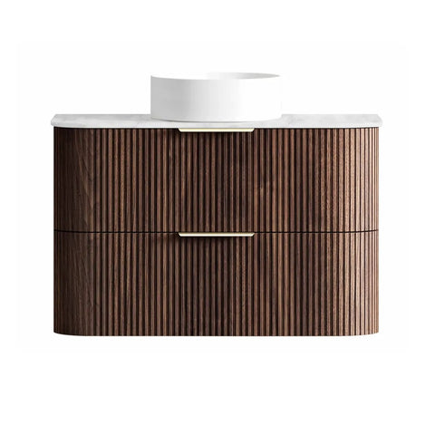 Otti Havana Fluted Wall Hung Curve Vanity 900mm Sable Walnut / Cloudy Carrara Top HA900SWST-CA