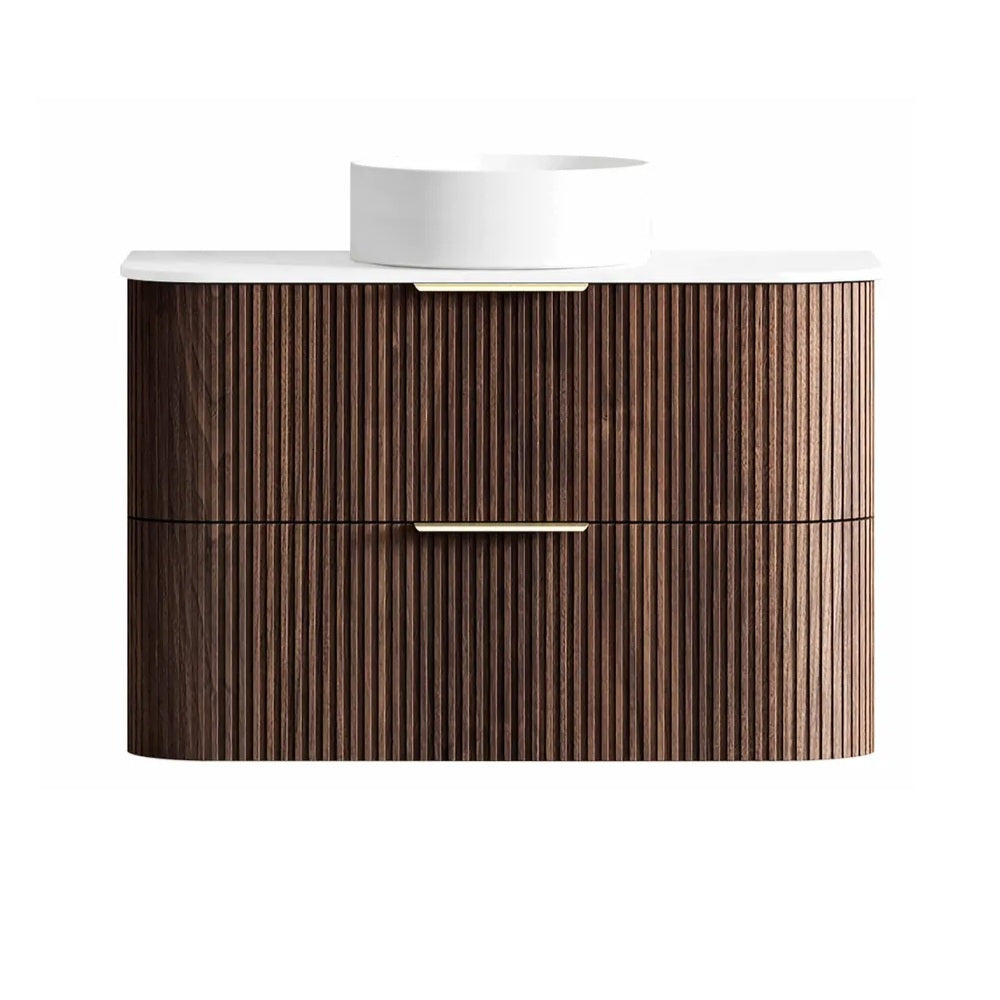 Otti Havana Fluted Wall Hung Curve Vanity 900mm Sable Walnut / Pure White Top HA900SWST-PW