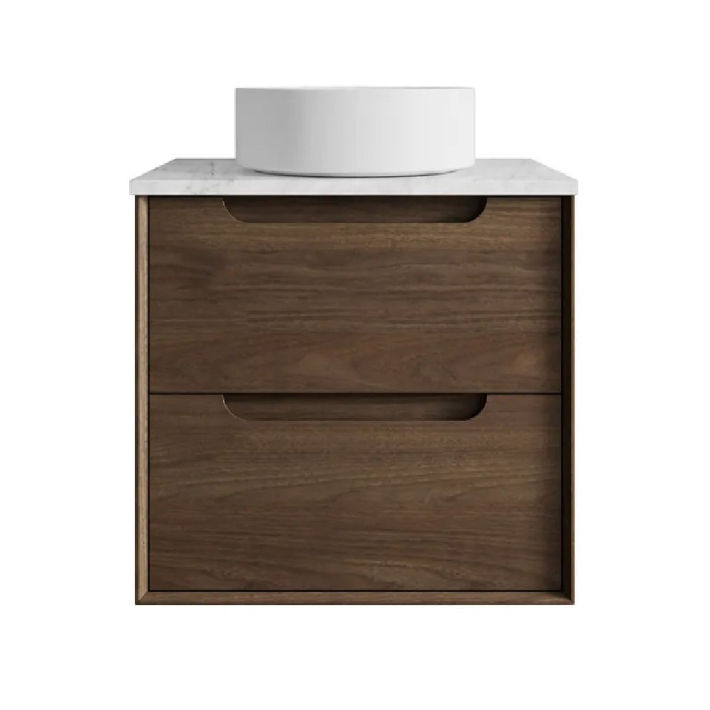 Otti Byron Wall Hung Vanity 600mm Sable Walnut / Natural Carrara Marble Top BY600SWSTUD-NCA