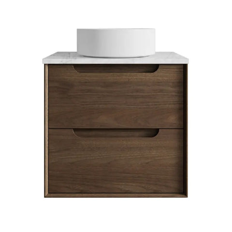 Otti Byron Wall Hung Vanity 600mm Sable Walnut / Natural Carrara Marble Top BY600SWSTUD-NCA