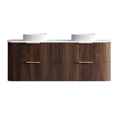 Otti Havana Fluted Wall Hung Curve Vanity 1500mm Sable Walnut / Pure White Top HA1500SWST-PW