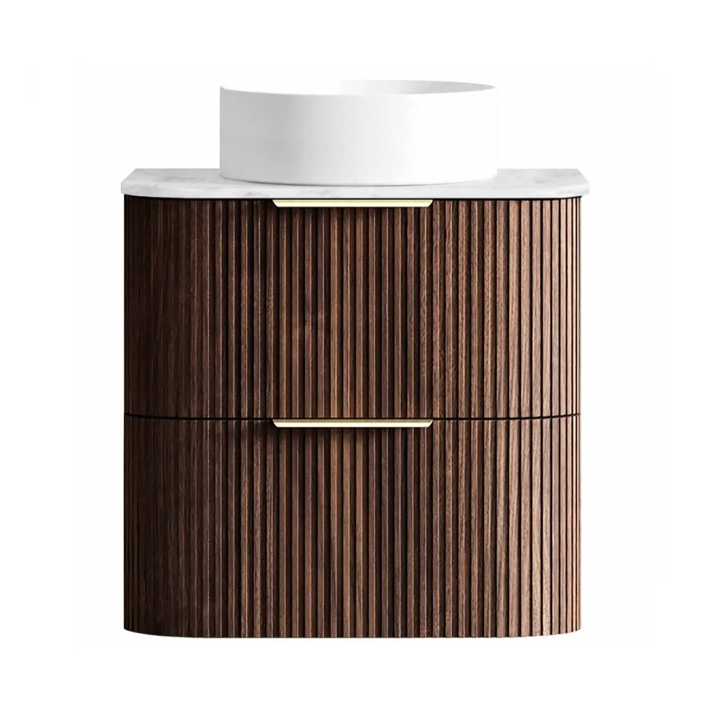 Otti Havana Fluted Wall Hung Curve Vanity 600mm Sable Walnut / Cloudy Carrara Top HA600SWST-CA