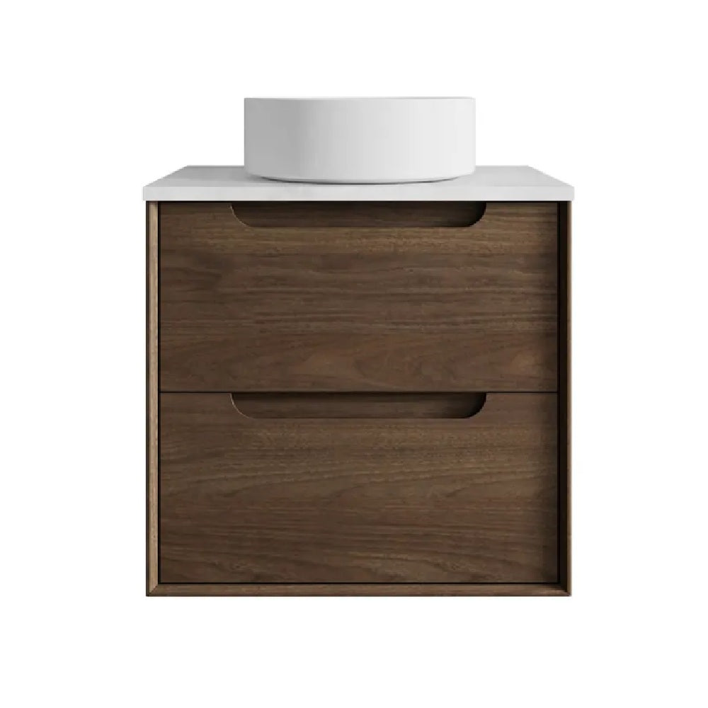 Otti Byron Wall Hung Vanity 600mm Sable Walnut / Matte White Top BY600SWSTUD-MW