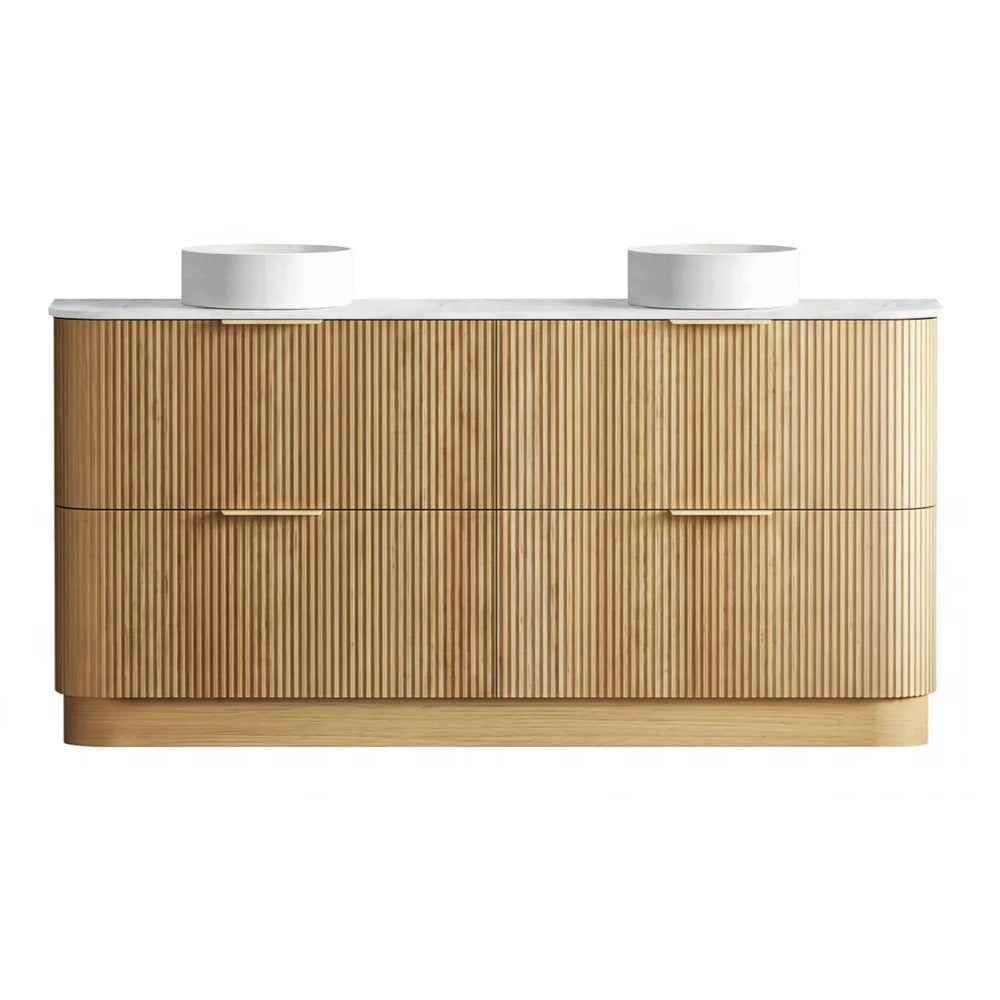 Otti Havana Fluted Freestanding Curve Vanity 1800mm Woodland Oak / Cloudy Carrara Top HAFW1800LST-CA