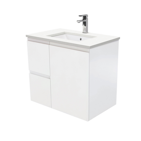 Fienza Crystal Pure Undermount Stone Top, Fingerpull 750mm (Left Drawers) Wall Hung Vanity Unit Satin White SC75ZL