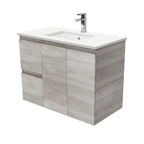 Fienza Crystal Pure Undermount Stone Top, Edge Industrial 900mm (Left Drawers) Wall Hung Vanity Unit SC90XL