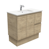 Fienza Crystal Pure Undermount Stone Top, Edge Scandi Oak 900mm (Right Drawers) Vanity Unit with Kickboard SC90SKR