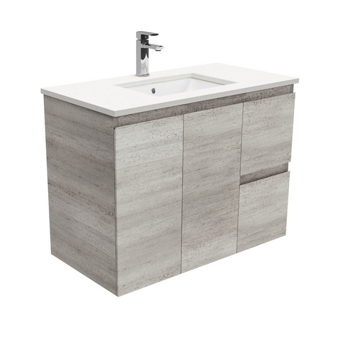 Fienza Crystal Pure Undermount Stone Top, Edge Industrial 900mm (Right Drawers) Wall Hung Vanity Unit SC90XR