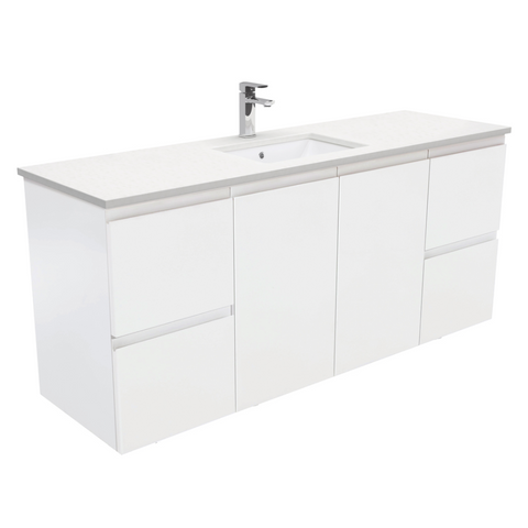 Fienza Crystal Pure Undermount Stone Top, Fingerpull 1500mm (Single Basin) Wall Hung Vanity Unit Satin White SC150ZS