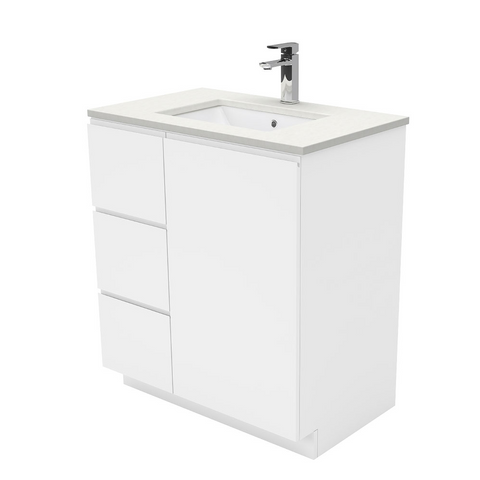 Fienza Crystal Pure Undermount Stone Top, Fingerpull 750mm (Left Drawers) Vanity Unit with Kickboard White SC75CL