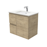 Fienza Crystal Pure Undermount Stone Top, Edge Scandi Oak 750mm (Left Drawers) Wall Hung Vanity Unit SC75SL