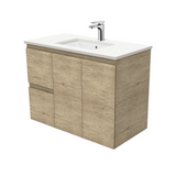 Fienza Crystal Pure Undermount Stone Top, Edge Scandi Oak 900mm (Left Drawers) Wall Hung Vanity Unit SC90SL