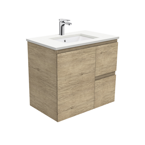 Fienza Crystal Pure Undermount Stone Top, Edge Scandi Oak 750mm (Right Drawers) Wall Hung Vanity Unit SC75SR